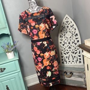 Boutique+ Floral Short Sleeve Dress w/ Mesh Detail Size 1X Black